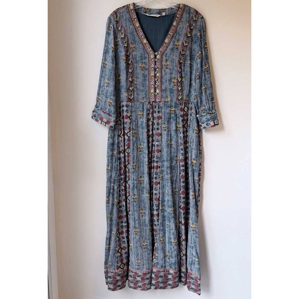 Soft Surroundings Embroidered Beaded Maxi Dress 16 P Blue Multi Boho Lagenlook